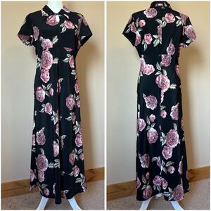 BYER TOO! Vintage 90s Black Floral Print Maxi Dress Empire Waist Key Hole Collar